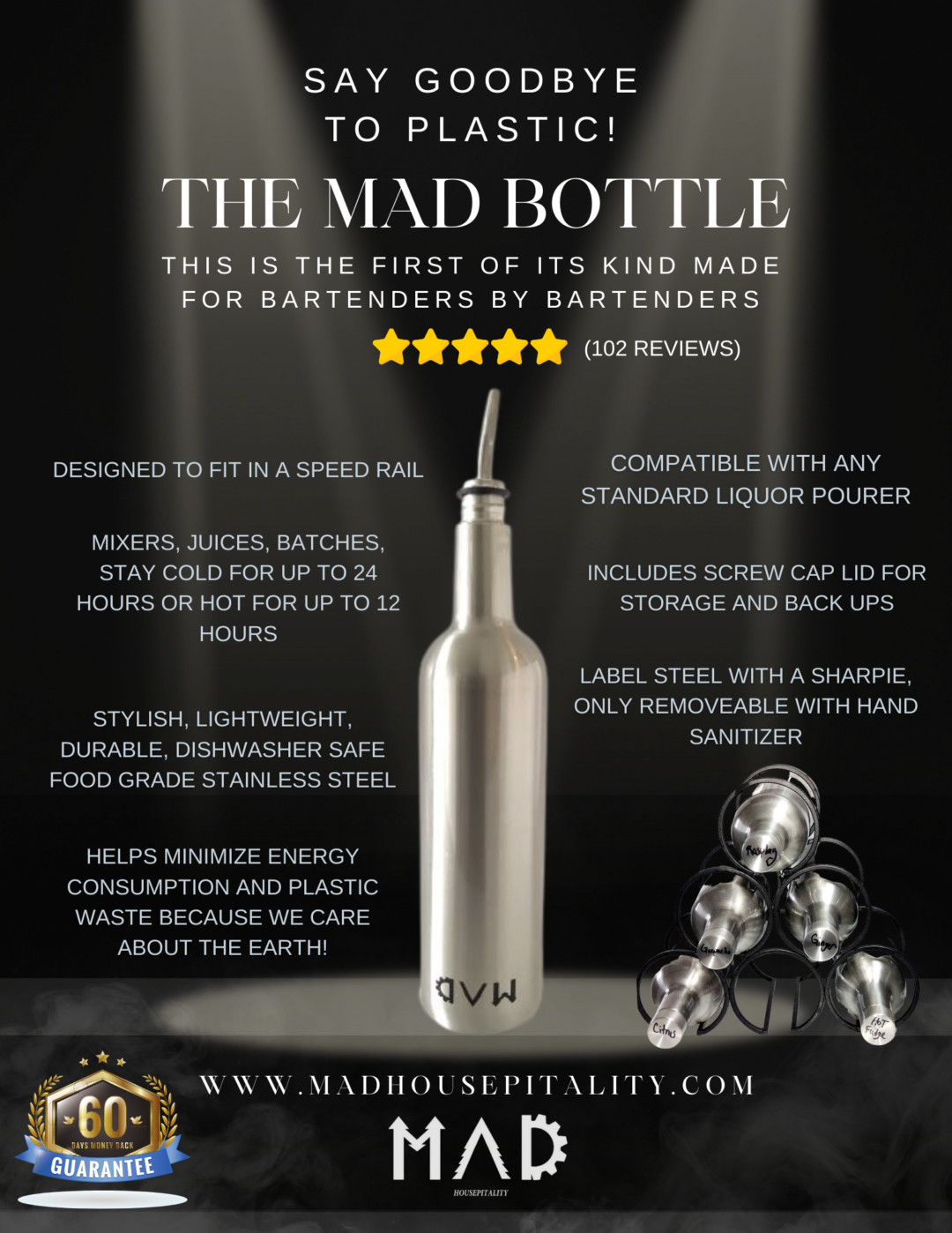 The MAD Bottle is a Stainless Steel Storage and Pourer Container for Bars that Maintains Temperature